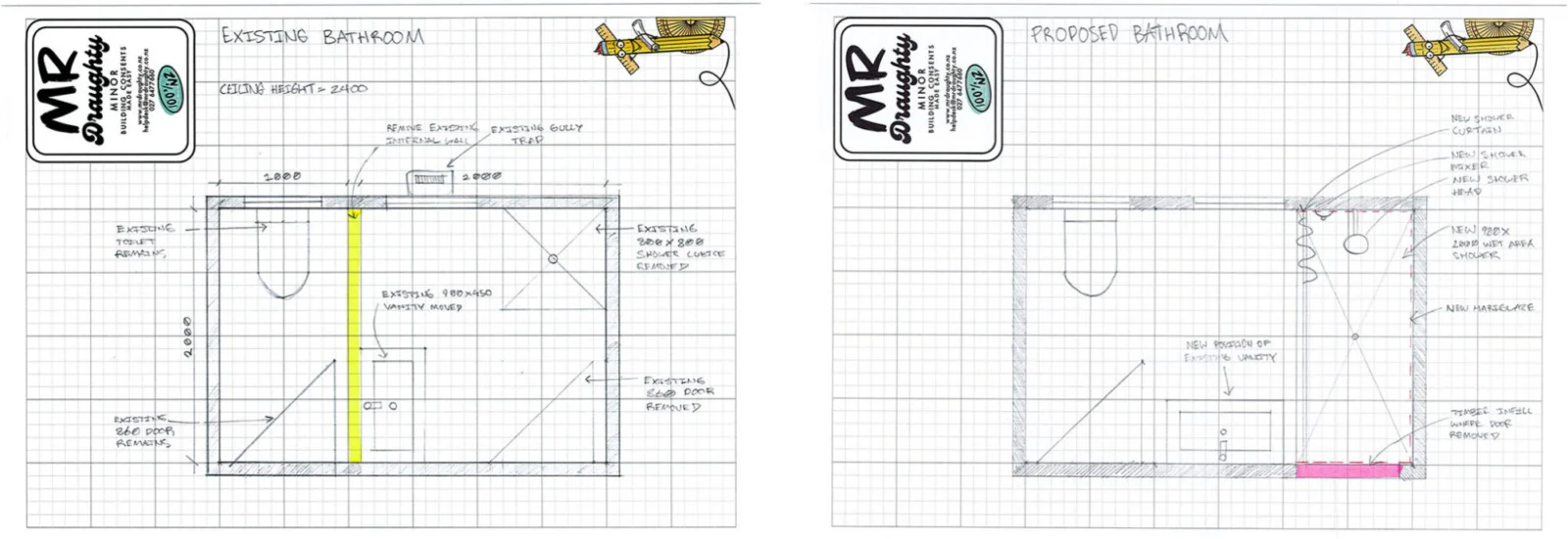 Example hand sketch of a proposed bathroom layout