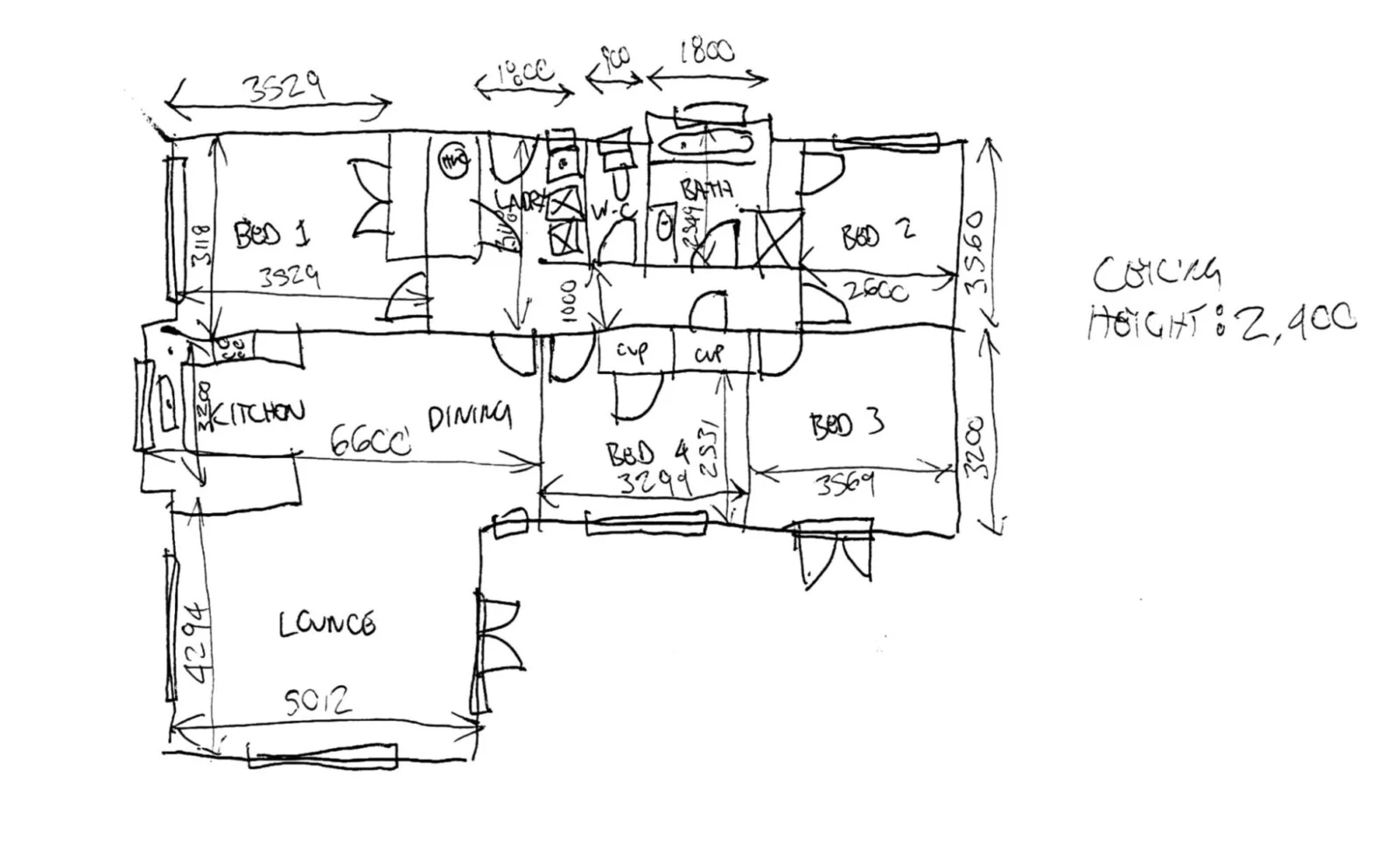Example hand sketch of an existing floor plan with measurements